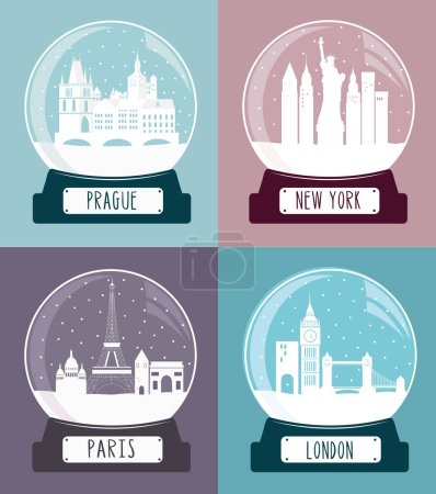 Colección de bolas de nieve de cristal de Navidad con París, Nueva York, Londres y Praga. Ilustración vectorial