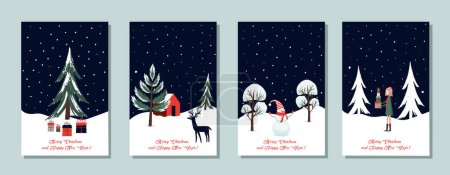 Téléchargez les illustrations : Joyeux Noël et bonne année Ensemble de cartes de voeux, affiches, couvertures de vacances. Conception de Noël avec différents objets - en licence libre de droit