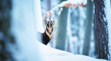 Foto de Camarera de montaña en el bosque nevado de las montañas de Luzickych mirando para ver si está a salvo, la mejor foto. - Imagen libre de derechos