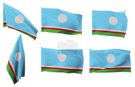 Grandes fotos de seis posiciones diferentes de la bandera de la República de Sakha