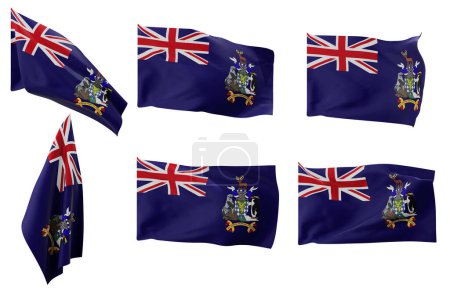 Große Bilder von sechs verschiedenen Positionen der Flagge Südgeorgiens und der Südlichen Sandwichinseln