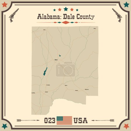 Ilustración de Mapa grande y preciso del condado de Dale, Alabama, Estados Unidos con colores vintage. - Imagen libre de derechos