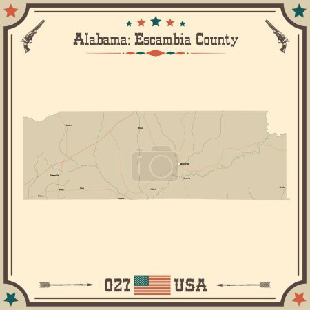 Ilustración de Mapa grande y preciso del condado de Escambia, Alabama, Estados Unidos con colores vintage. - Imagen libre de derechos