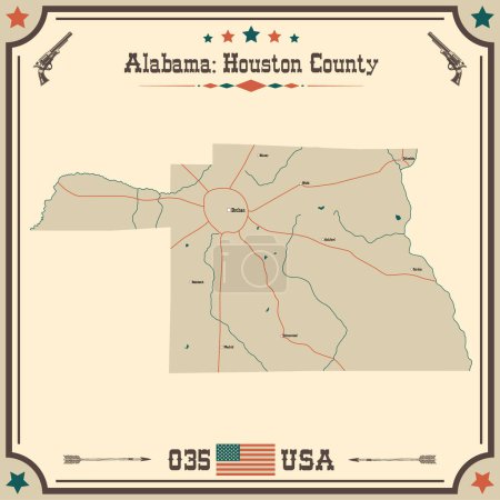 Illustration for Large and accurate map of Houston county, Alabama, USA with vintage colors. - Royalty Free Image