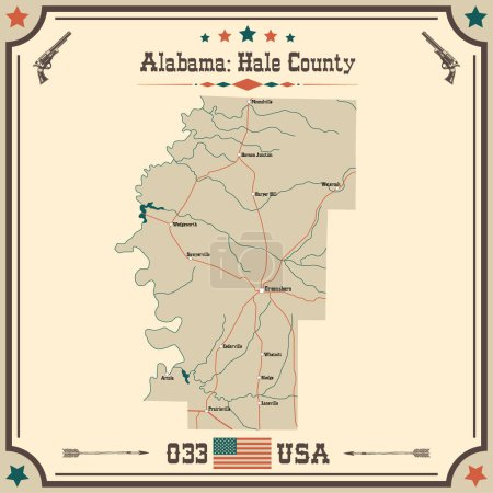 Illustration for Large and accurate map of Hale county, Alabama, USA with vintage colors. - Royalty Free Image