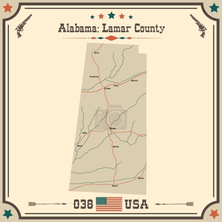 Ilustración de Mapa grande y preciso del condado de Lamar, Alabama, Estados Unidos con colores vintage. - Imagen libre de derechos