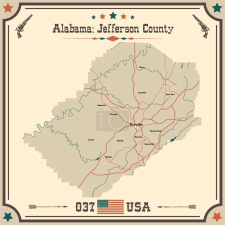Ilustración de Mapa grande y preciso del condado de Jefferson, Alabama, Estados Unidos con colores vintage. - Imagen libre de derechos