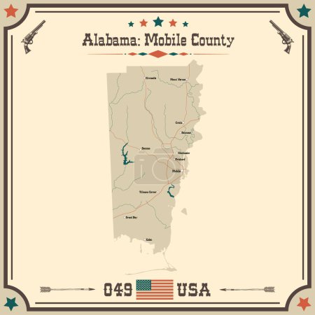 Ilustración de Mapa grande y preciso de Condado de Mobile, Alabama, Estados Unidos con colores vintage. - Imagen libre de derechos