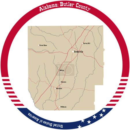 Illustration for Map of Butler county in Alabama, USA arranged in a circle. - Royalty Free Image