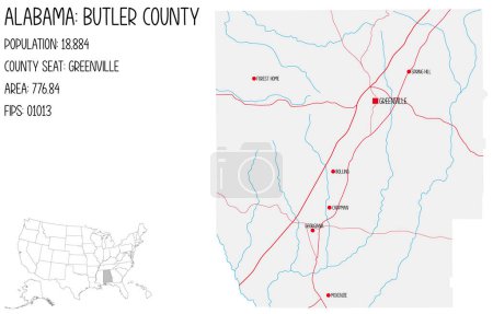 Illustration for Large and detailed map of Butler county in Alabama, USA. - Royalty Free Image