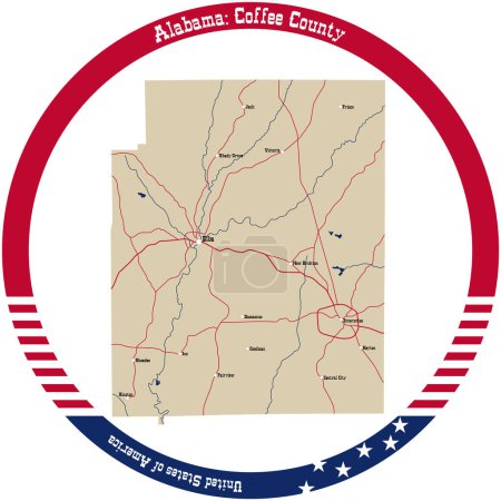 Illustration for Map of Coffee county in Alabama, USA arranged in a circle. - Royalty Free Image