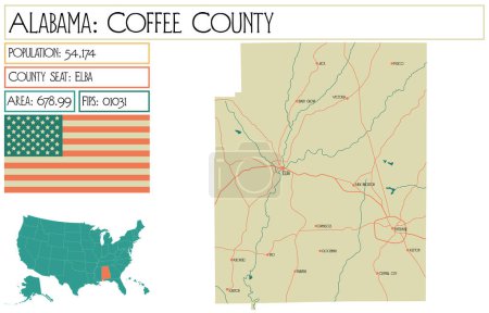 Illustration for Large and detailed map of Coffee county in Alabama, USA. - Royalty Free Image