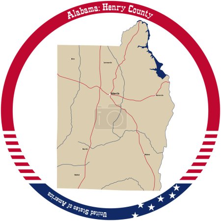 Téléchargez les illustrations : Map of Henry county in Alabama, USA arranged in a circle. - en licence libre de droit