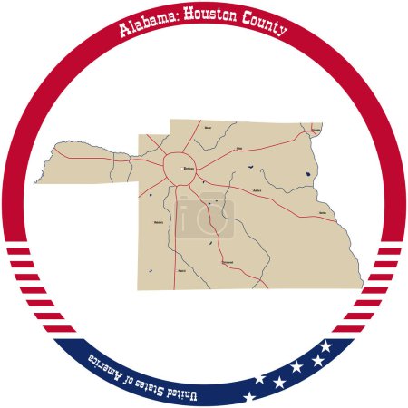Illustration for Map of Houston county in Alabama, USA arranged in a circle. - Royalty Free Image