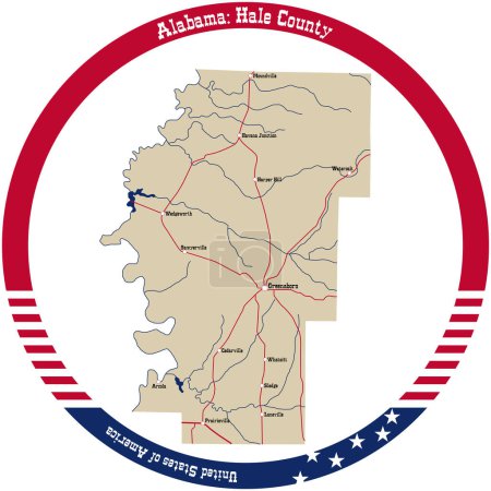 Illustration for Map of Hale county in Alabama, USA arranged in a circle. - Royalty Free Image
