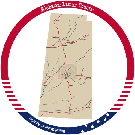 Téléchargez les illustrations : Map of Lamar county in Alabama, USA arranged in a circle. - en licence libre de droit