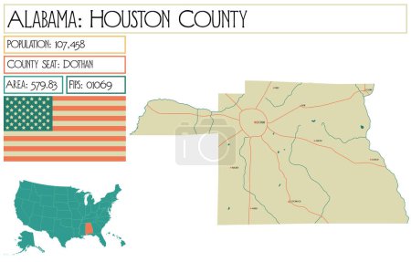Illustration for Large and detailed map of Houston county in Alabama, USA. - Royalty Free Image