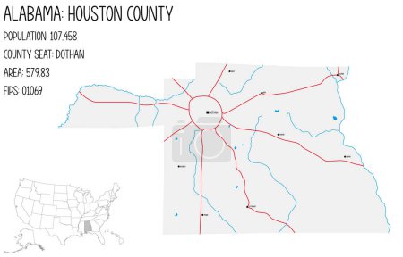 Illustration for Large and detailed map of Houston county in Alabama, USA. - Royalty Free Image