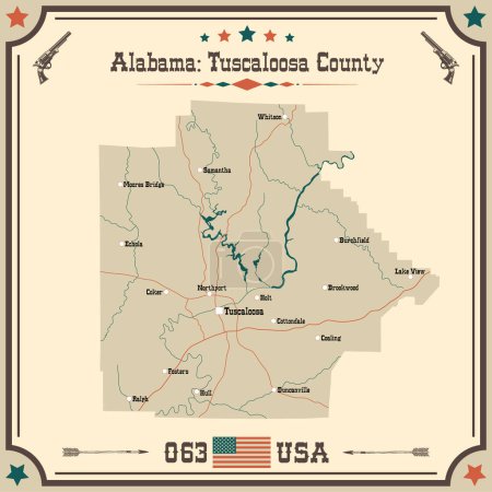 Illustration for Large and accurate map of Tuscaloosa county, Alabama, USA with vintage colors. - Royalty Free Image