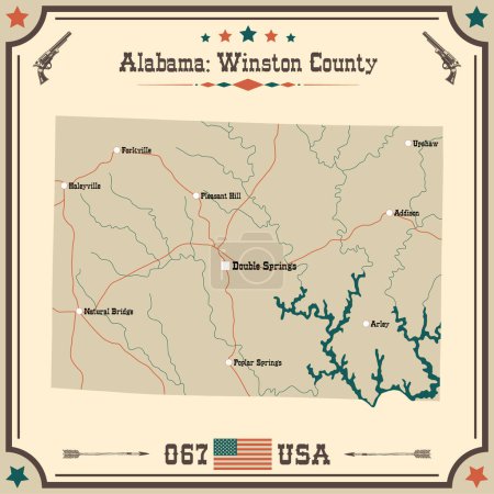 Illustration for Large and accurate map of Winston county, Alabama, USA with vintage colors. - Royalty Free Image