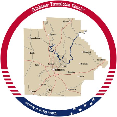 Illustration for Map of Tuscaloosa county in Alabama, USA arranged in a circle. - Royalty Free Image
