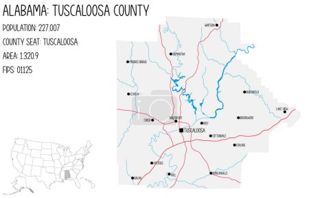Illustration for Large and detailed map of Tuscaloosa county in Alabama, USA. - Royalty Free Image