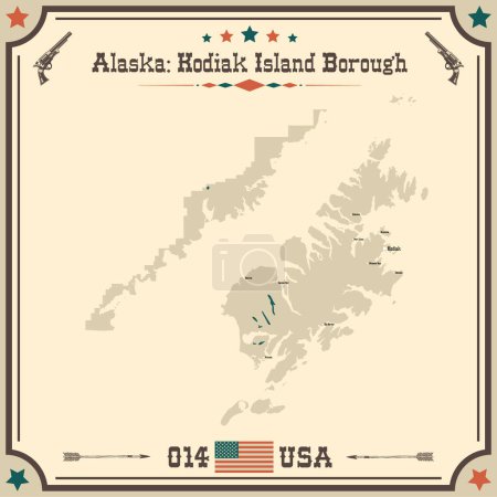 Illustration for Large and accurate map of Kodiak Island Borough, Alaska, USA with vintage colors. - Royalty Free Image