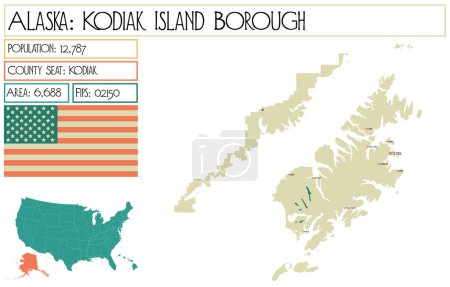 Illustration for Large and detailed map of Kodiak Island Borough in Alaska, USA. - Royalty Free Image