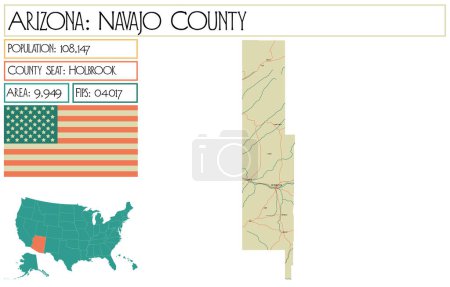 Illustration for Large and detailed map of Navajo County in Arizona, USA. - Royalty Free Image