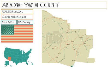 Illustration for Large and detailed map of Yavapai County in Arizona, USA. - Royalty Free Image