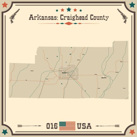 Téléchargez les illustrations : Grande et précise carte de Craighead Comté, Arkansas, États-Unis d'Amérique avec des couleurs vintage. - en licence libre de droit