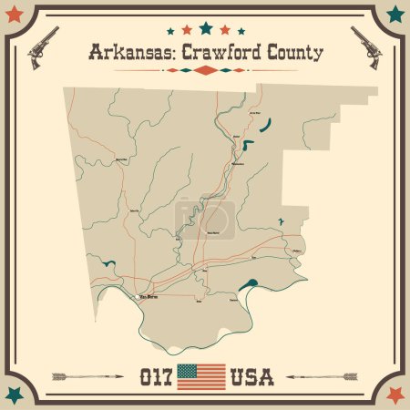 Illustration for Large and accurate map of Crawford County, Arkansas, USA with vintage colors. - Royalty Free Image