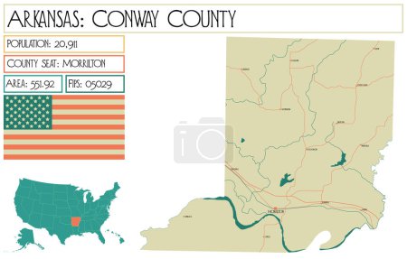 Illustration for Large and detailed map of Conway County in Arkansas, USA. - Royalty Free Image