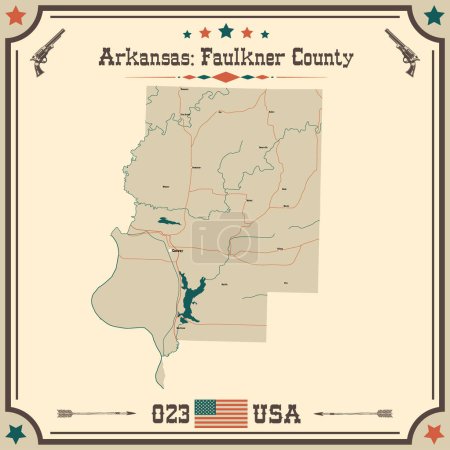 Téléchargez les illustrations : Grande et précise carte de Faulkner Comté, Arkansas, États-Unis d'Amérique avec des couleurs vintage. - en licence libre de droit