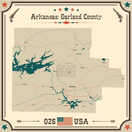 Téléchargez les illustrations : Grande et précise carte de Garland County, Arkansas, États-Unis d'Amérique avec des couleurs vintage. - en licence libre de droit