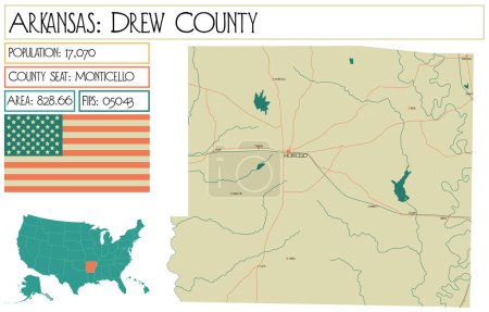 Illustration for Large and detailed map of Drew County in Arkansas, USA. - Royalty Free Image