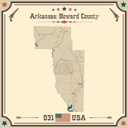 Téléchargez les illustrations : Grande et précise carte de Howard County, Arkansas, États-Unis d'Amérique avec des couleurs vintage. - en licence libre de droit