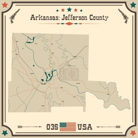 Téléchargez les illustrations : Grande et précise carte de Jefferson County, Arkansas, États-Unis d'Amérique avec des couleurs vintage. - en licence libre de droit