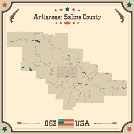 Illustration for Large and accurate map of Saline County, Arkansas, USA with vintage colors. - Royalty Free Image