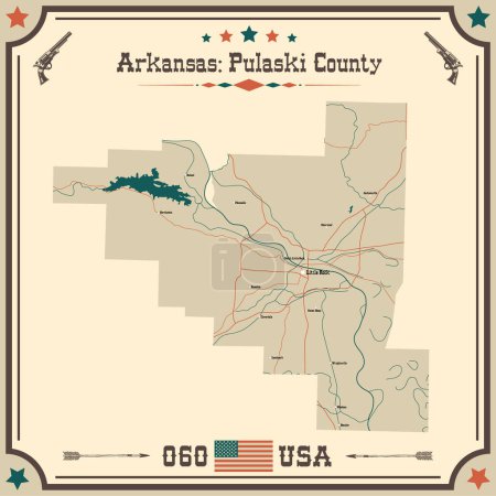 Téléchargez les illustrations : Grande et précise carte de Pulaski Comté, Arkansas, États-Unis d'Amérique avec des couleurs vintage. - en licence libre de droit