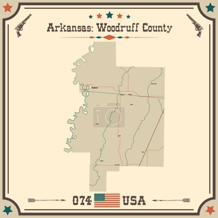 Téléchargez les illustrations : Grande et précise carte de Woodruff Comté, Arkansas, États-Unis d'Amérique avec des couleurs vintage. - en licence libre de droit