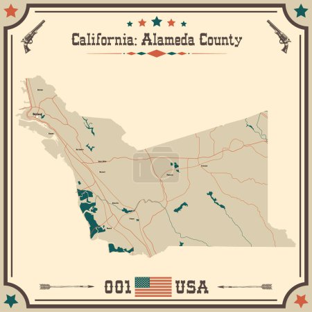 Ilustración de Mapa grande y preciso del Condado de Alameda, California, Estados Unidos con colores vintage. - Imagen libre de derechos