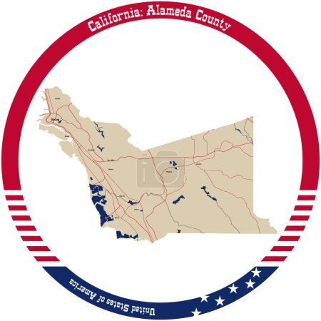 Illustration for Map of Alameda County in California, USA arranged in a circle. - Royalty Free Image