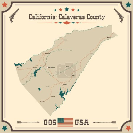 Ilustración de Mapa grande y preciso del Condado de Calaveras, California, Estados Unidos con colores vintage. - Imagen libre de derechos