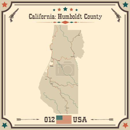 Ilustración de Mapa grande y preciso del Condado de Humboldt, California, Estados Unidos con colores vintage. - Imagen libre de derechos