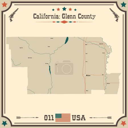 Illustration for Large and accurate map of Glenn County, California, USA with vintage colors. - Royalty Free Image