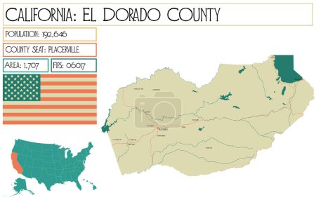 Illustration for Large and detailed map of El Dorado County in California, USA. - Royalty Free Image