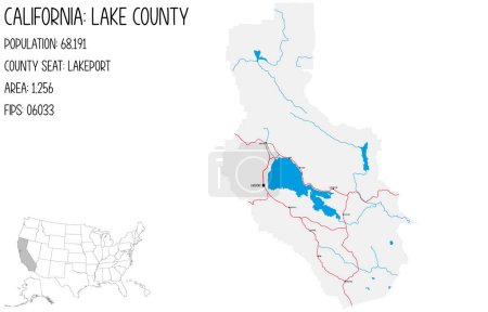 Illustration for Large and detailed map of Lake County in California, USA. - Royalty Free Image