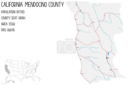 Illustration for Large and detailed map of Medocino County in California, USA. - Royalty Free Image