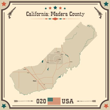 Ilustración de Mapa grande y preciso del Condado de Madera, California, Estados Unidos con colores vintage. - Imagen libre de derechos